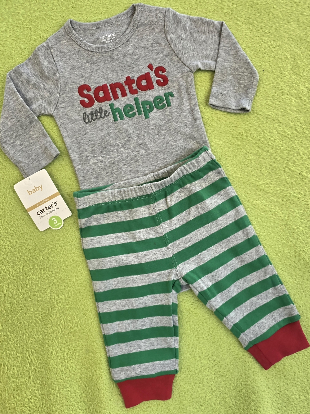 NWT 0-3M Baby BOYS 2p PANTS & BODYSUIT SET - GREEN GRAY + RED CHRISTMAS (Q2)